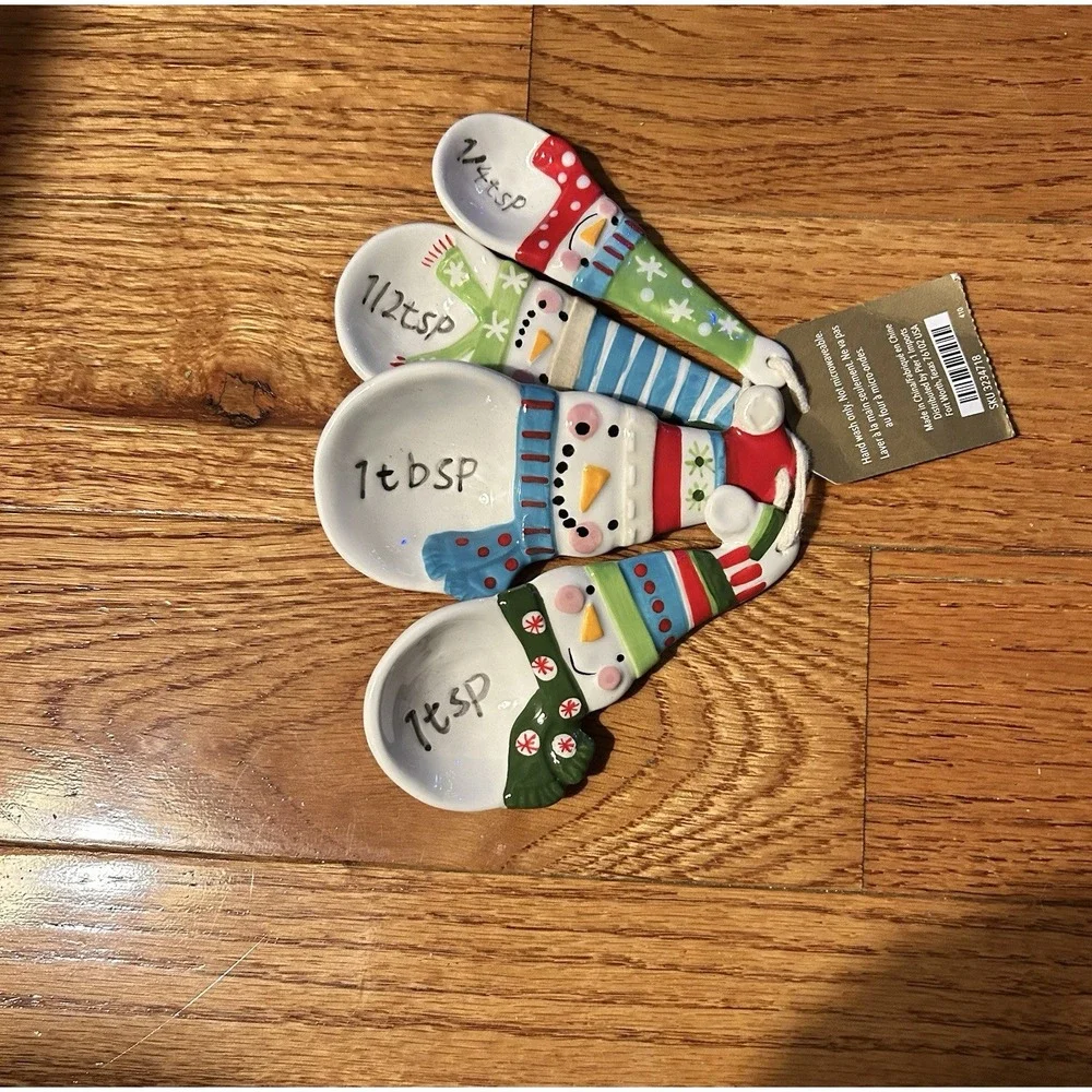 Pier 1 Imports Set Of 4 Ceramic Snowman Holiday Christmas Measuring Spoons NWT
